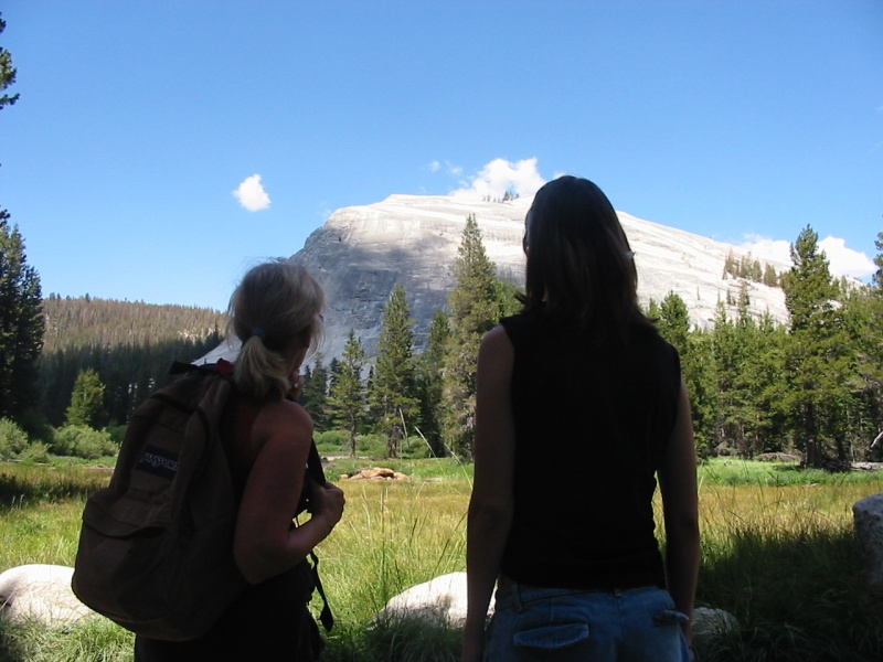 Jessica and my mom look at Lembert Dome near the Tuolumne Meadows campground 