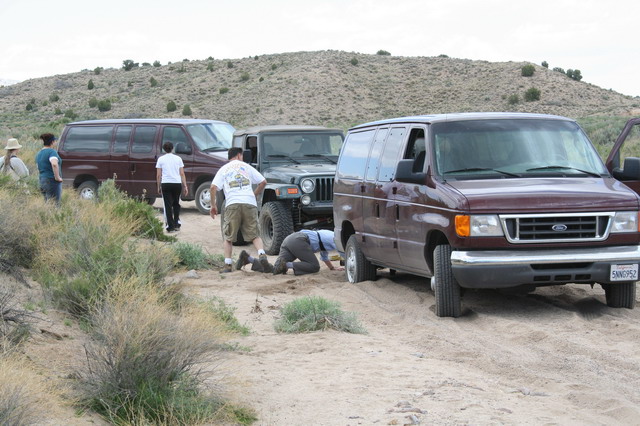 Mojave-Road-0121 - This female college professor tried to bring her students down in some nice new vans. Of course they got stuck.
