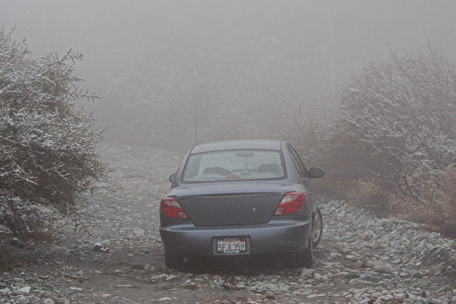 Lytle-Creek-0009 - This car was dead in the middle of the foggy road. Nobody around. Kind of creepy.